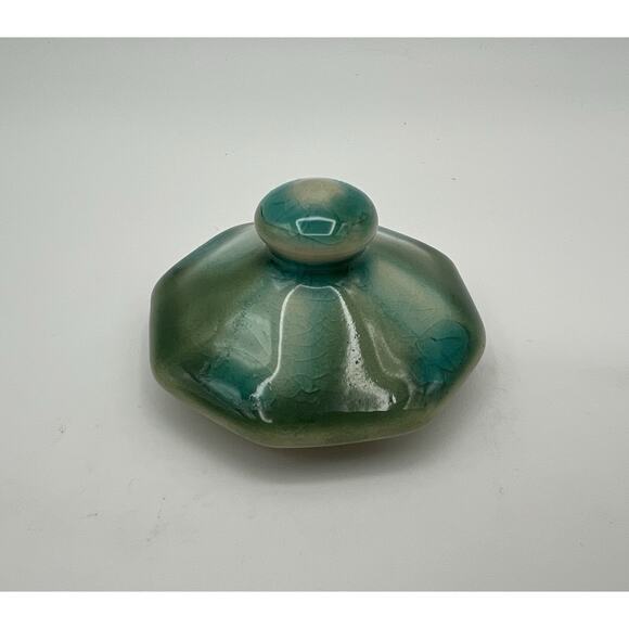 Anthropologie Celadon Drip Glaze Lidded Octagon Shaped Sugar Bowl Jar w Handles - Picture 7 of 9